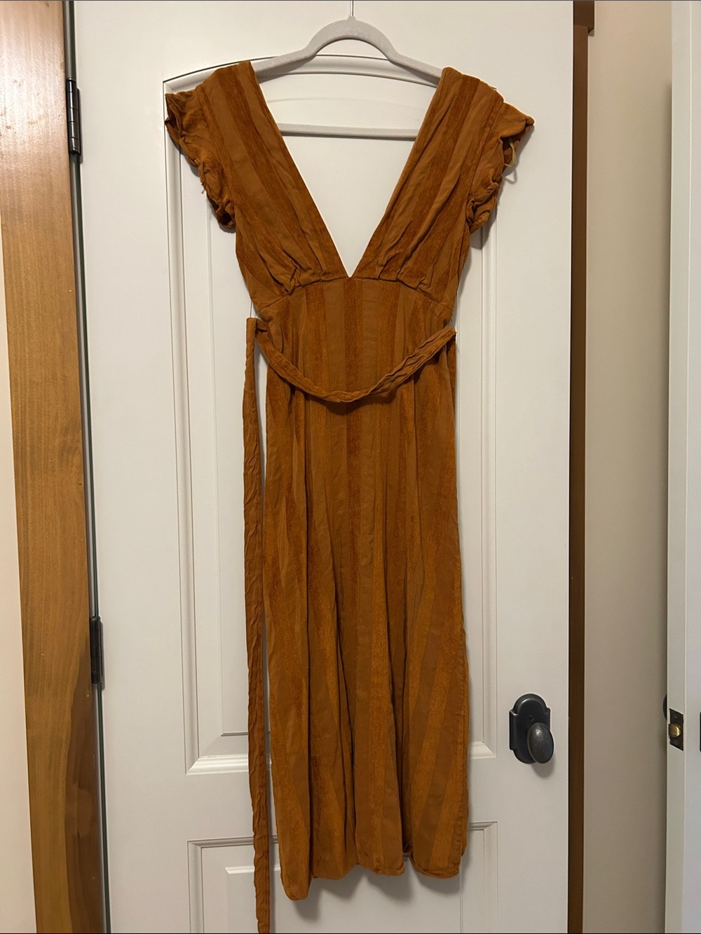 Line & Dot Brynn Revolve  Deep V Flutter Sleeve Midi Dress in Rust Orange